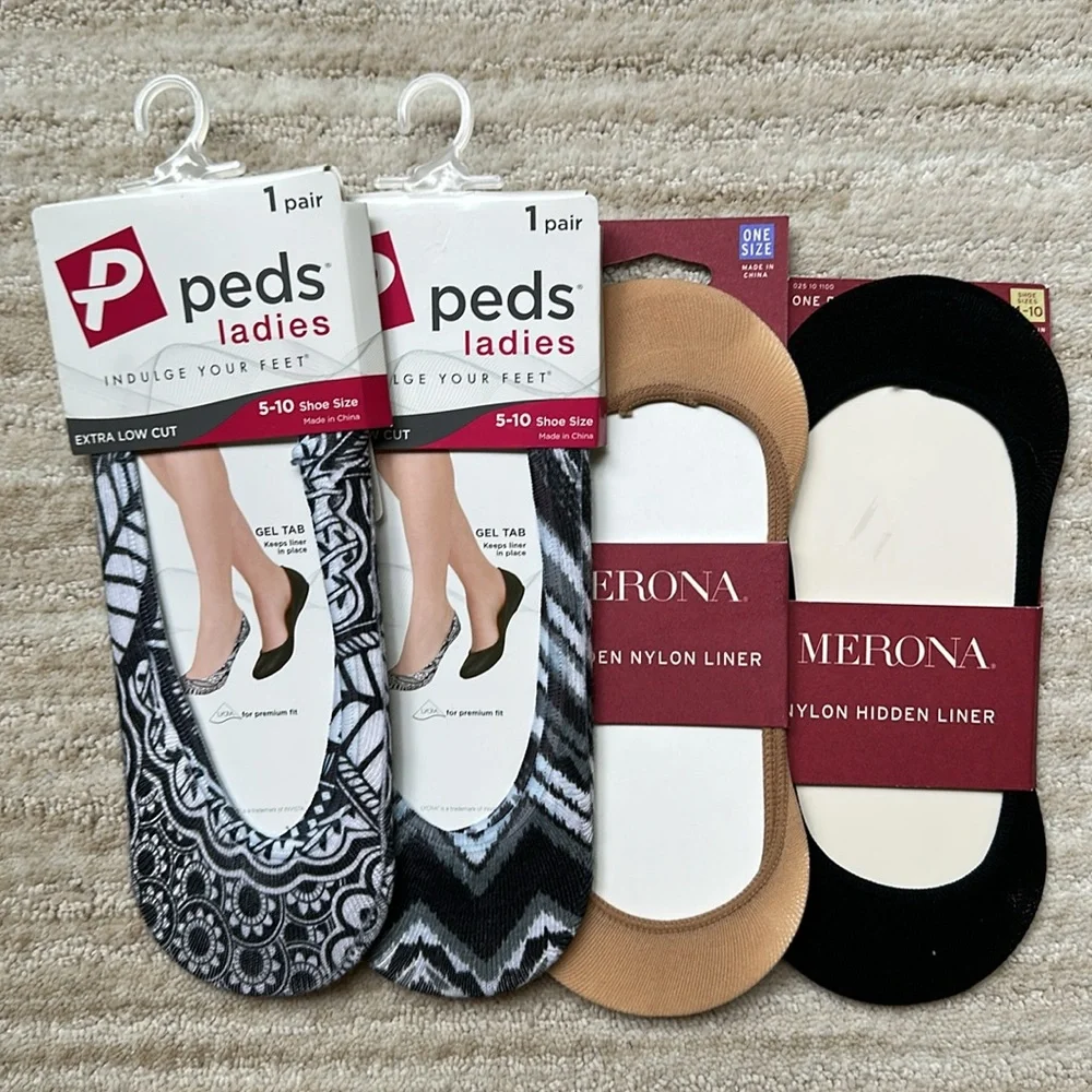 4 Pairs Merona and Peds Hidden Nylon Liner Socks - Black Pattern and Nude